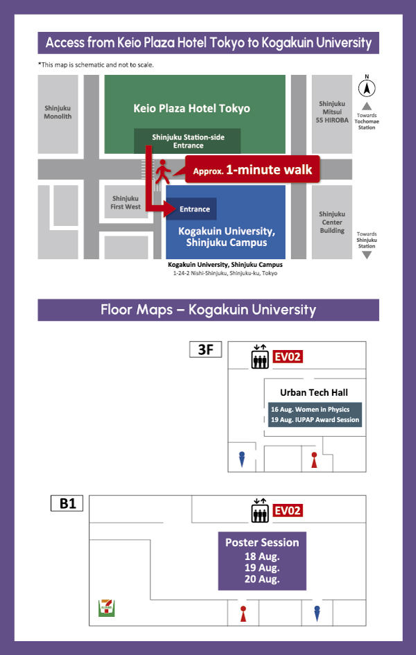 Access map from Keio Plaza Hotel Tokyo to Kogakuin University, floor maps of 3F and B1 showing the Poster Session location, and Wi-Fi information for Keio Plaza Hotel Tokyo